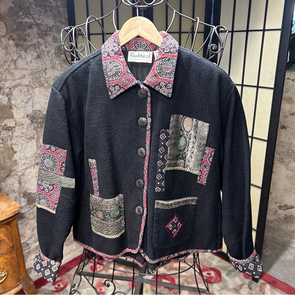 Flashback Cotton Patchwork Art Beaded Black Jacke… - image 1